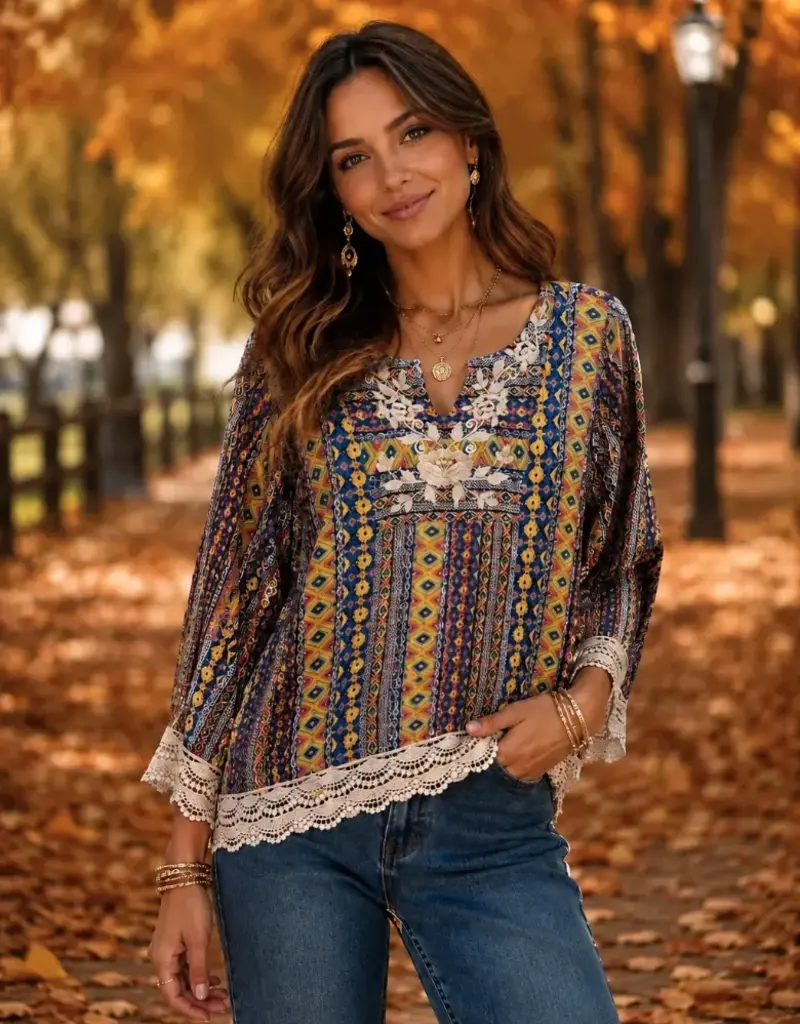 Heather Printed & Embroidery Detail Top