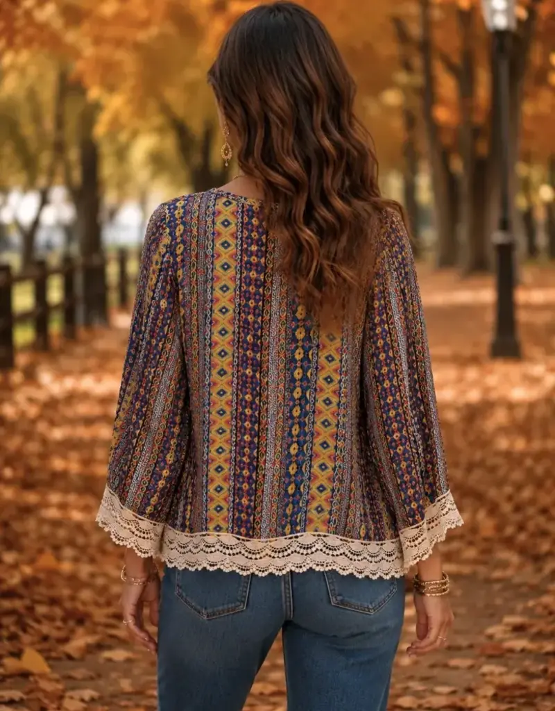 Heather Printed & Embroidery Detail Top