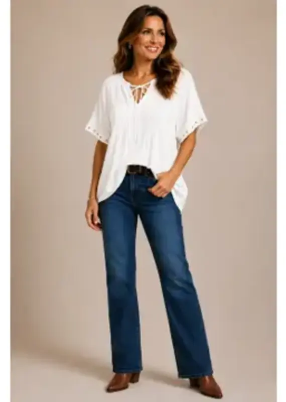 Tabitha Tie Pintuck Top With Grommet Detail on Sleeve