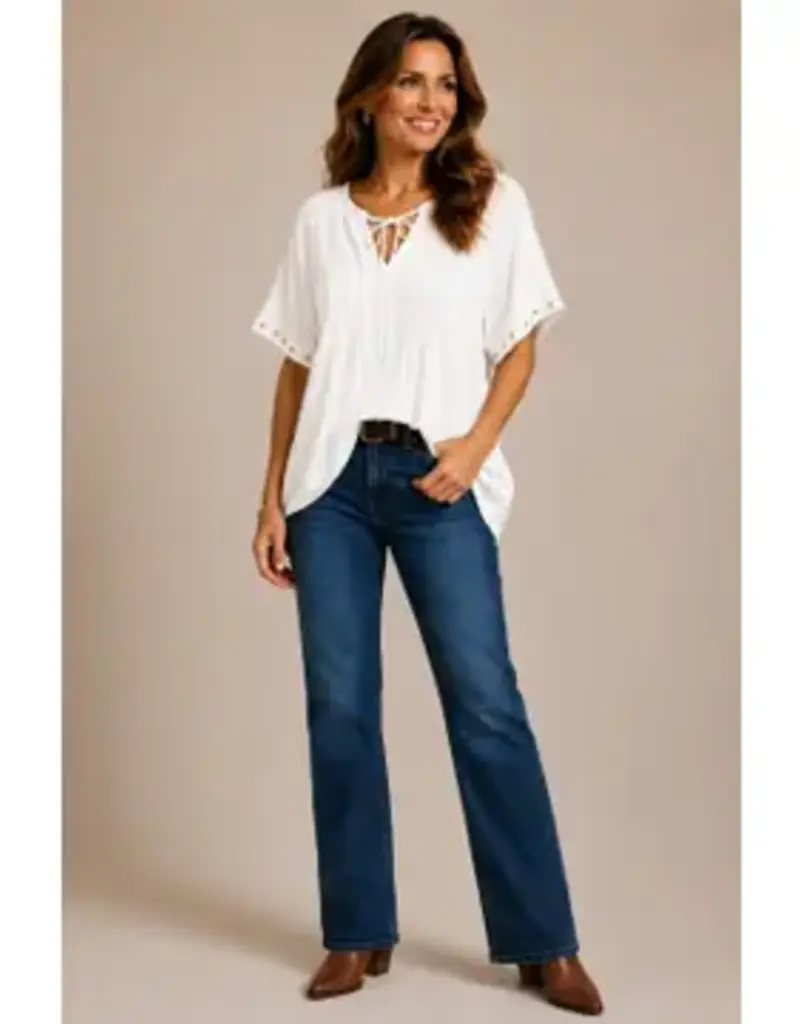 Tabitha Tie Pintuck Top With Grommet Detail on Sleeve