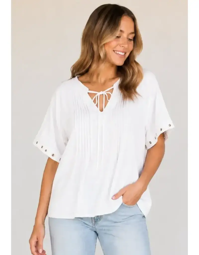 Tabitha Tie Pintuck Top With Grommet Detail on Sleeve