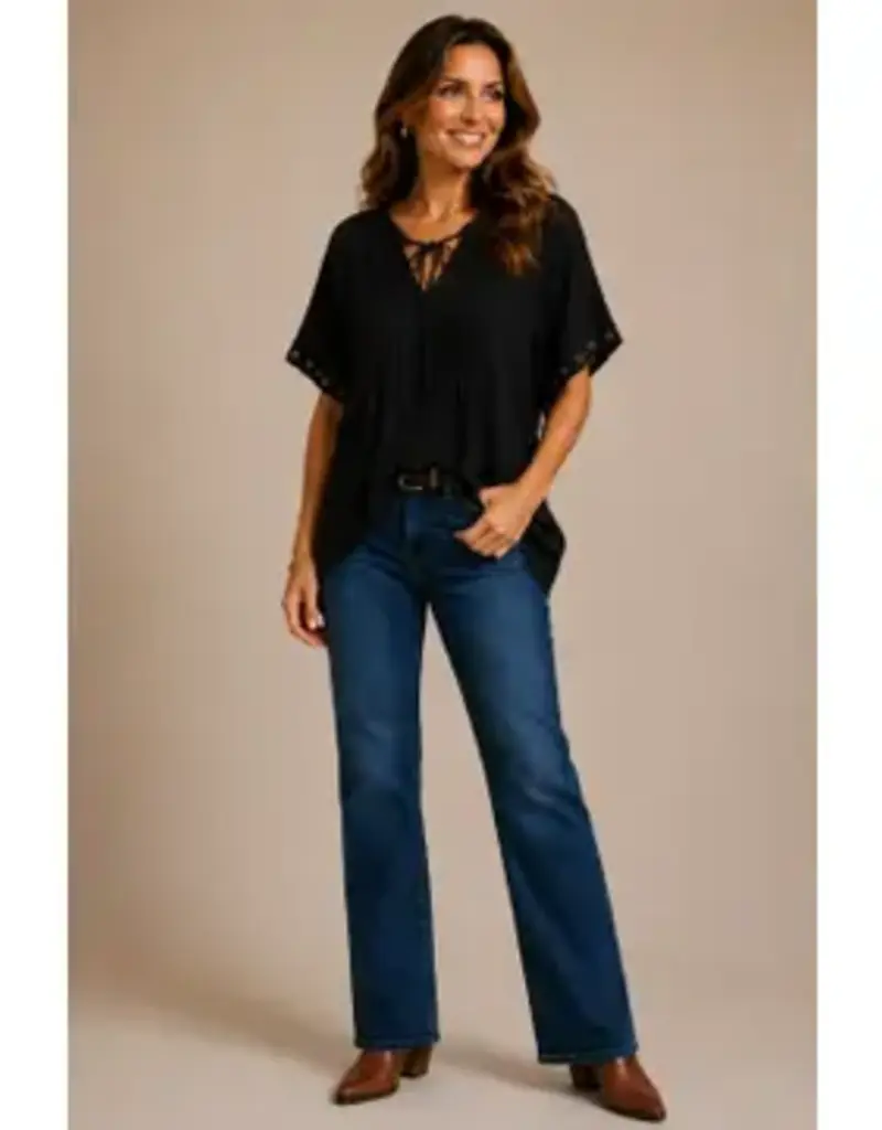 Tabitha Tie Pintuck Top With Grommet Detail on Sleeve