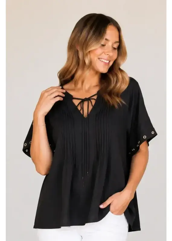 Tabitha Tie Pintuck Top With Grommet Detail on Sleeve