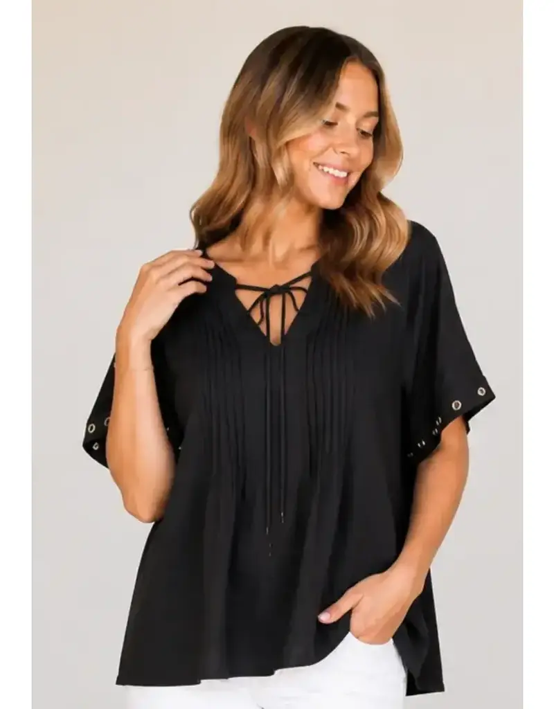 Tabitha Tie Pintuck Top With Grommet Detail on Sleeve