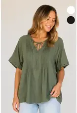 Tabitha Tie Pintuck Top With Grommet Detail on Sleeve