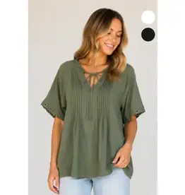 Tabitha Tie Pintuck Top With Grommet Detail on Sleeve