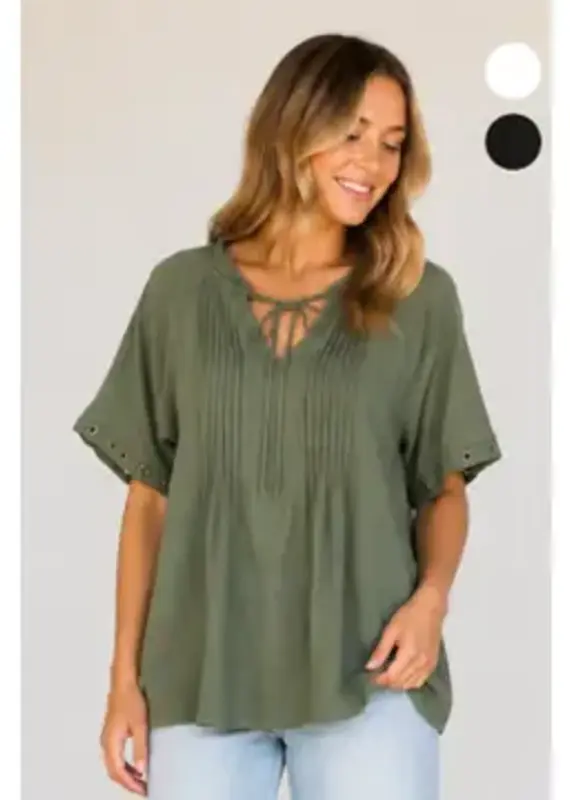 Tabitha Tie Pintuck Top With Grommet Detail on Sleeve