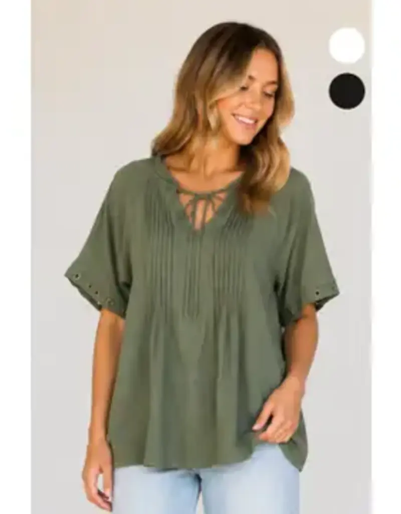 Tabitha Tie Pintuck Top With Grommet Detail on Sleeve