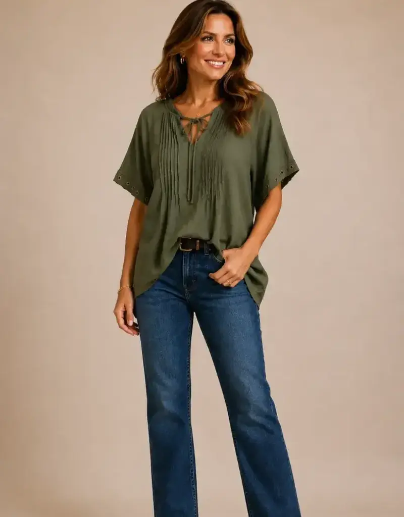 Tabitha Tie Pintuck Top With Grommet Detail on Sleeve