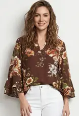 Linique Floral Ruffle Sleeve Button Front Top