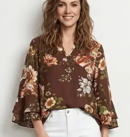 Linique Floral Ruffle Sleeve Button Front Top