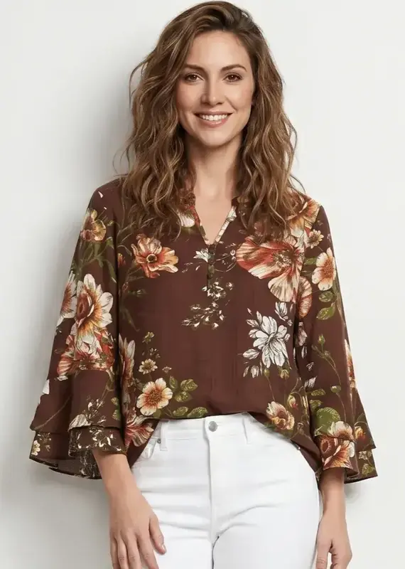 Linique Floral Ruffle Sleeve Button Front Top