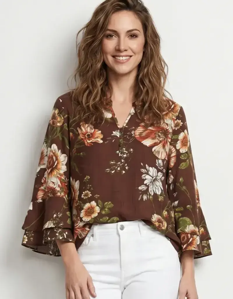 Linique Floral Ruffle Sleeve Button Front Top