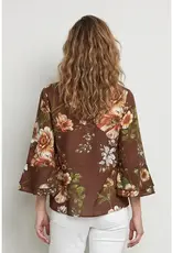 Linique Floral Ruffle Sleeve Button Front Top