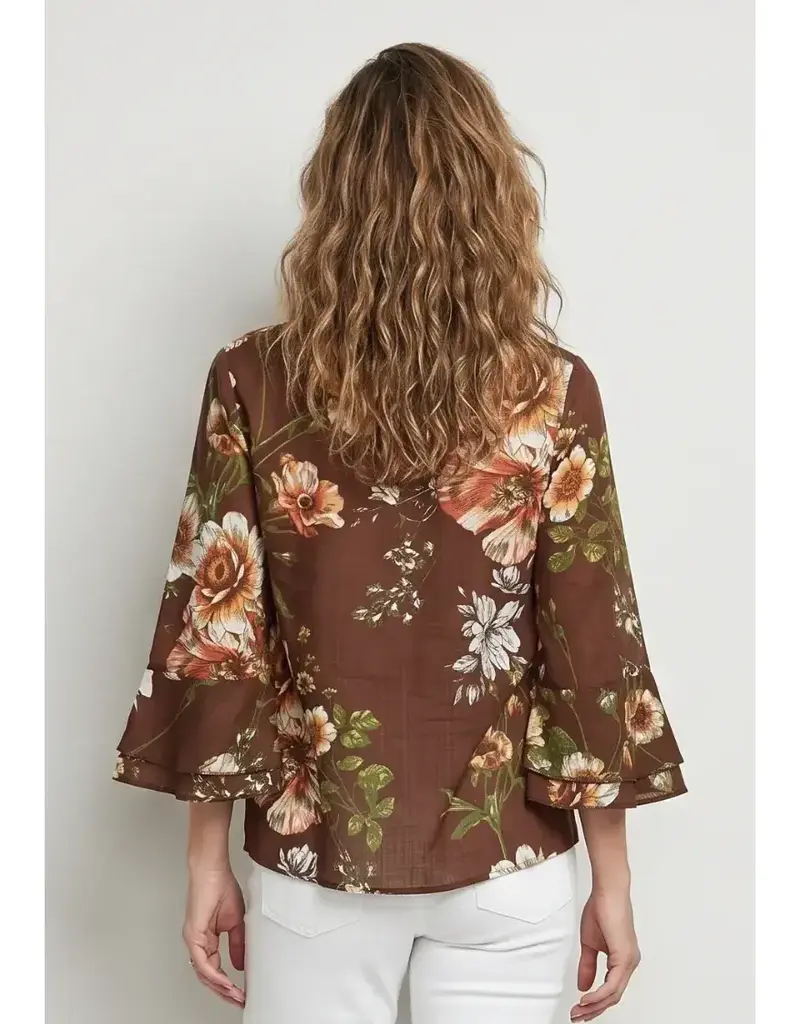 Linique Floral Ruffle Sleeve Button Front Top