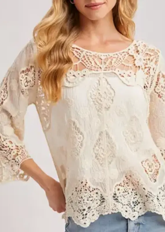 Bethany Boho Sheer Crochet 3/4 Sleeved Top