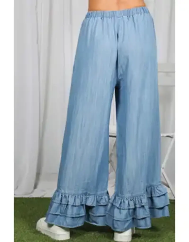 Flared Ruffle Hem Chambray Pant