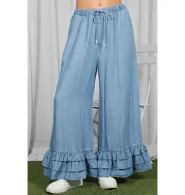 Flared Ruffle Hem Chambray Pant