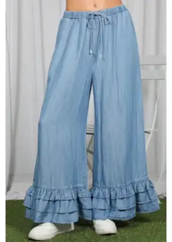 Flared Ruffle Hem Chambray Pant