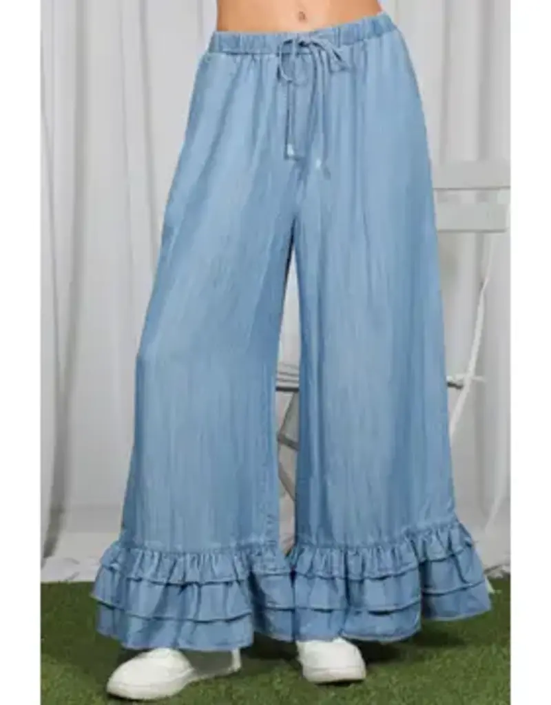 Flared Ruffle Hem Chambray Pant
