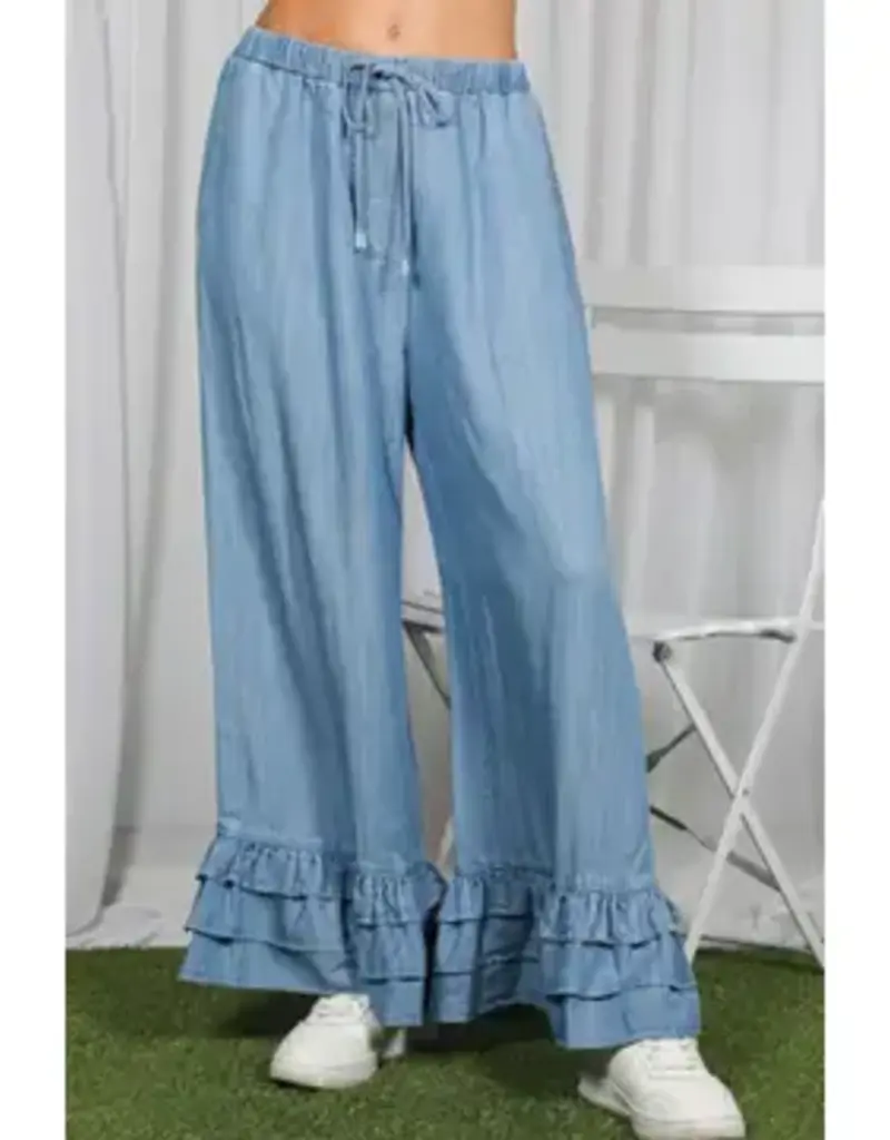 Flared Ruffle Hem Chambray Pant
