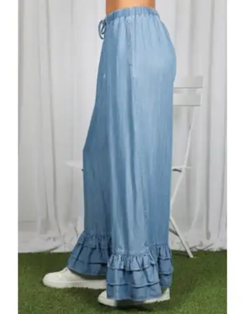 Flared Ruffle Hem Chambray Pant
