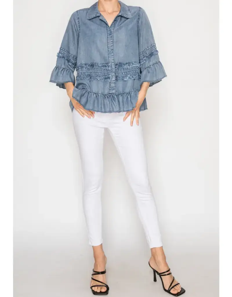 Chambray Distressed Ruffle Hem Lightweight Jacket