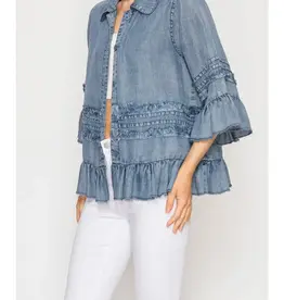 Chambray Distressed Ruffle Hem Lightweight Jacket