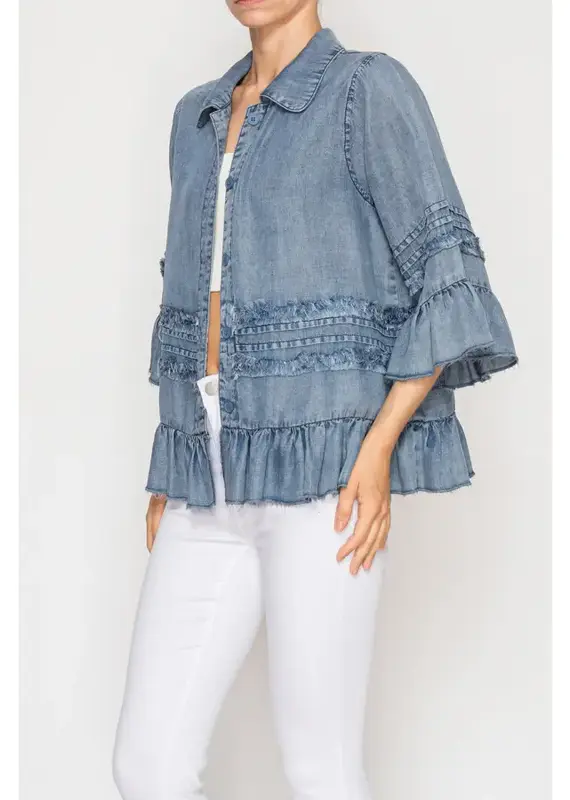 Chambray Distressed Ruffle Hem Lightweight Jacket