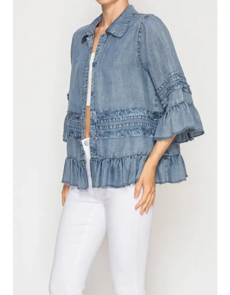 Chambray Distressed Ruffle Hem Lightweight Jacket