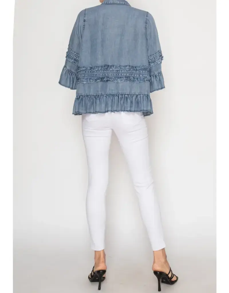 Chambray Distressed Ruffle Hem Lightweight Jacket