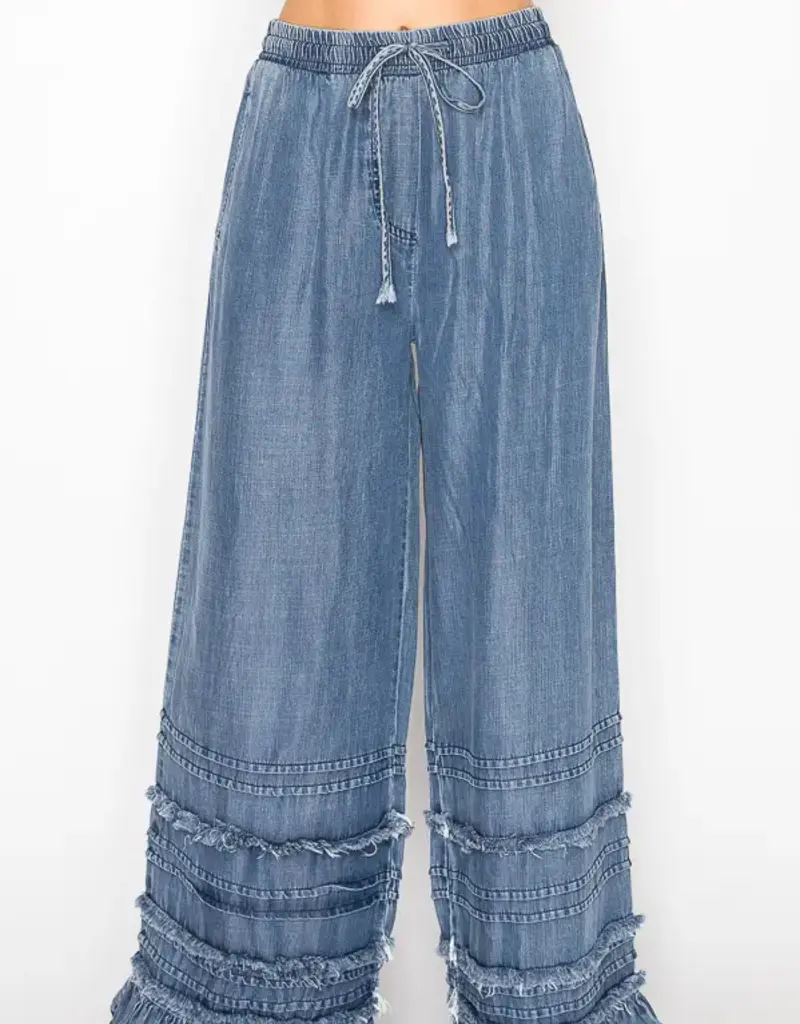 Boho Tiered Chambray Wide Leg Chambray Pant