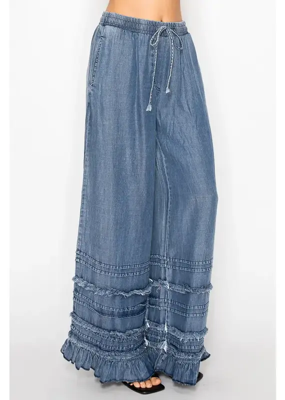 Boho Tiered Chambray Wide Leg Chambray Pant