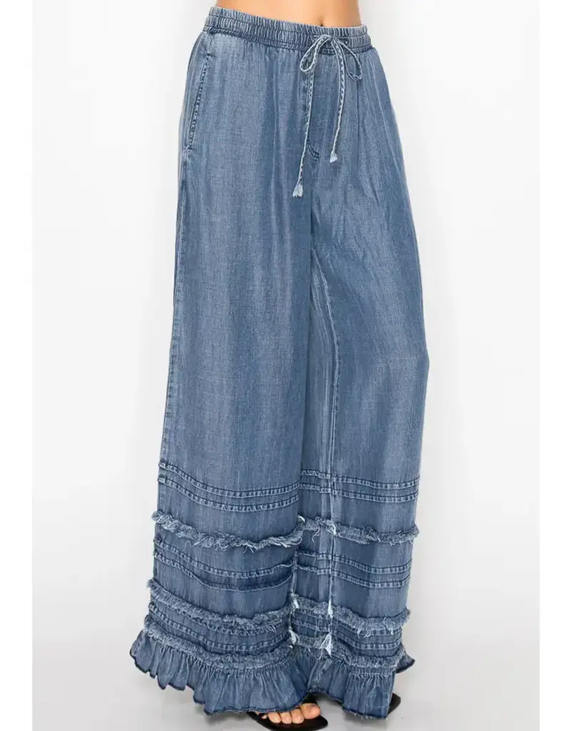 Boho Tiered Chambray Wide Leg Chambray Pant
