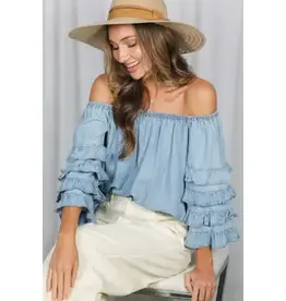 Rochelle Off the Shoulder Ruffle Sleeve Chambray Top