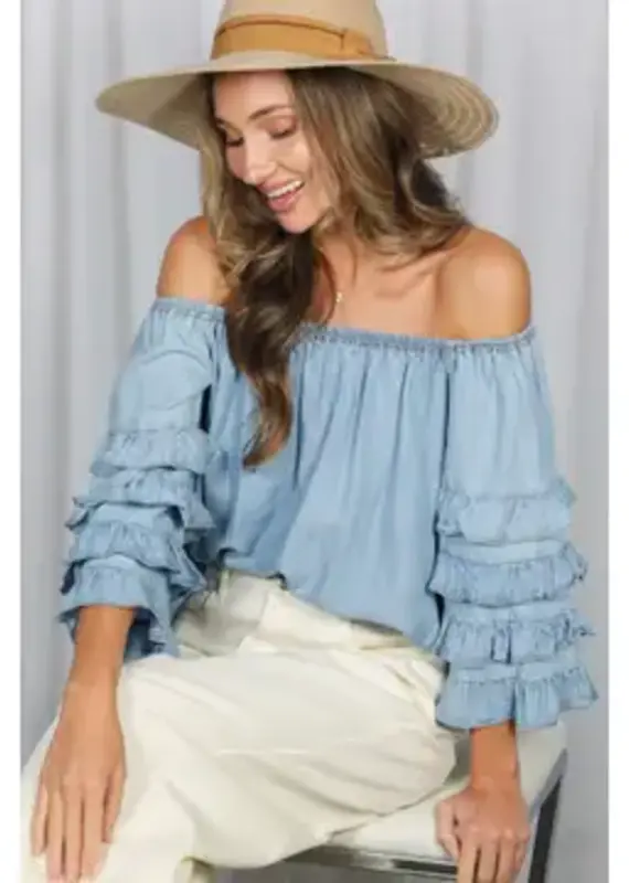Rochelle Off the Shoulder Ruffle Sleeve Chambray Top