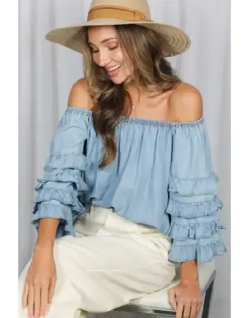 Rochelle Off the Shoulder Ruffle Sleeve Chambray Top