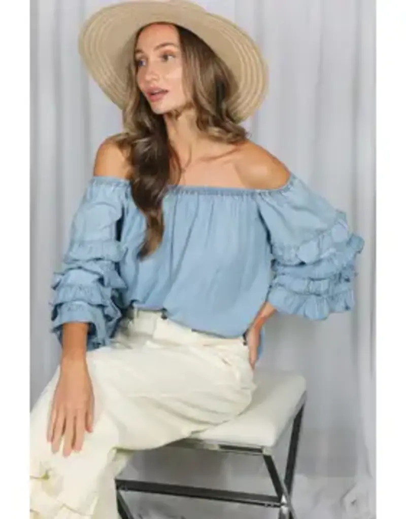 Rochelle Off the Shoulder Ruffle Sleeve Chambray Top