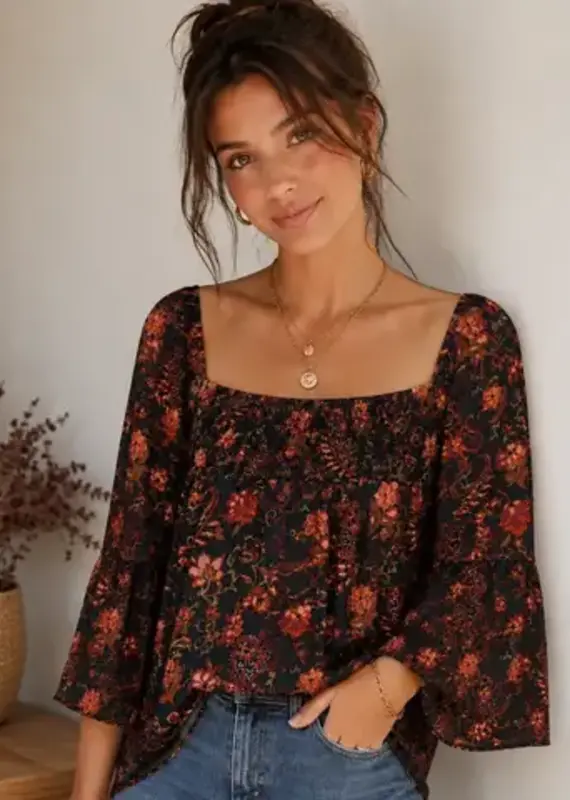 Challis Paisley Smocked Square Neck Top