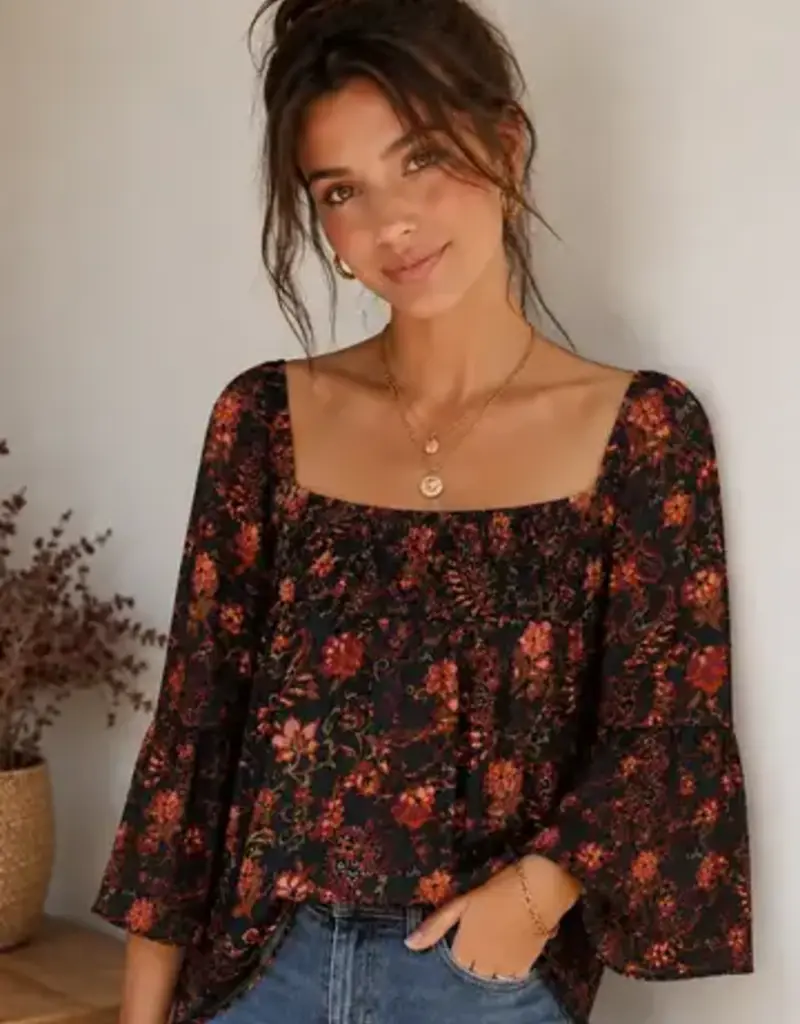 Challis Paisley Smocked Square Neck Top
