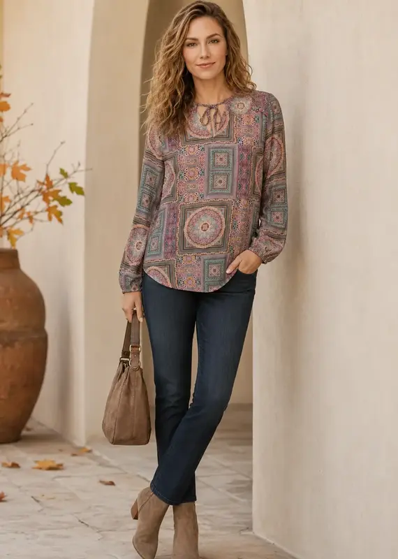 Boho Georgette Balloon Sleeve Tie Front Top