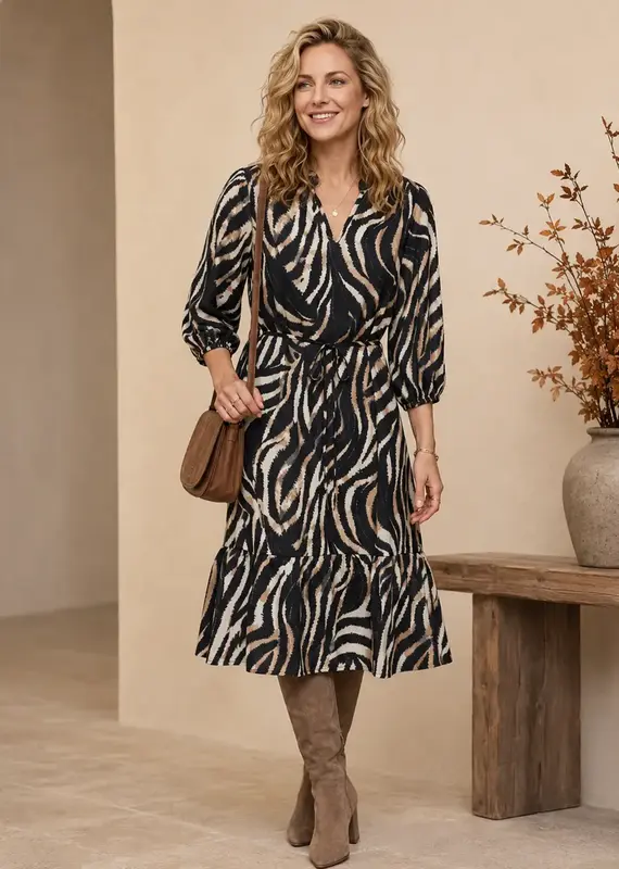 Linique Zebra Self Sash Midi Dress