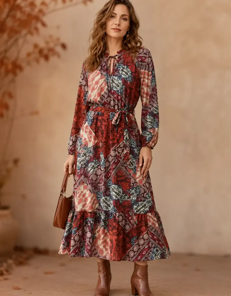 Georgette Tie Front Self Sash Midi Dress