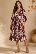 Linique 3/4 Balloon Sleeve Leaf Button Down Midi Dress