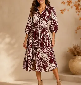 Linique 3/4 Balloon Sleeve Leaf Button Down Midi Dress