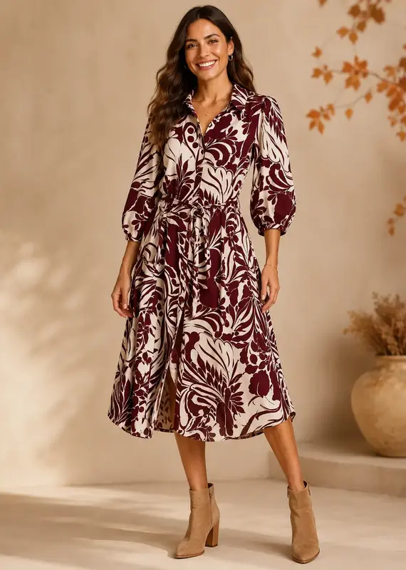 Linique 3/4 Balloon Sleeve Leaf Button Down Midi Dress