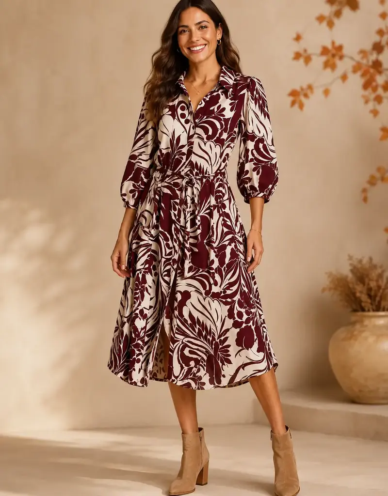 Linique 3/4 Balloon Sleeve Leaf Button Down Midi Dress