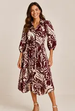 Linique 3/4 Balloon Sleeve Leaf Button Down Midi Dress