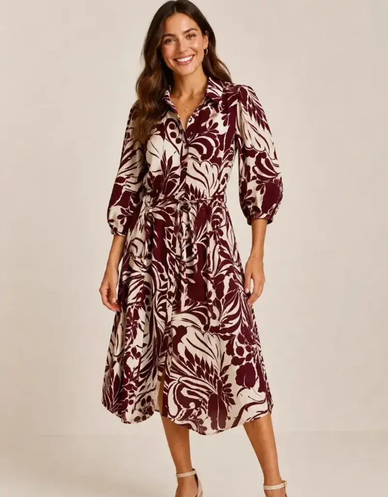 Linique 3/4 Balloon Sleeve Leaf Button Down Midi Dress
