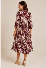 Linique 3/4 Balloon Sleeve Leaf Button Down Midi Dress